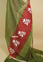 Olive Green - Handmade jute tussar silk saree with handblock prints